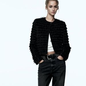 Zara Women's Black Velvet Fringe Jacket